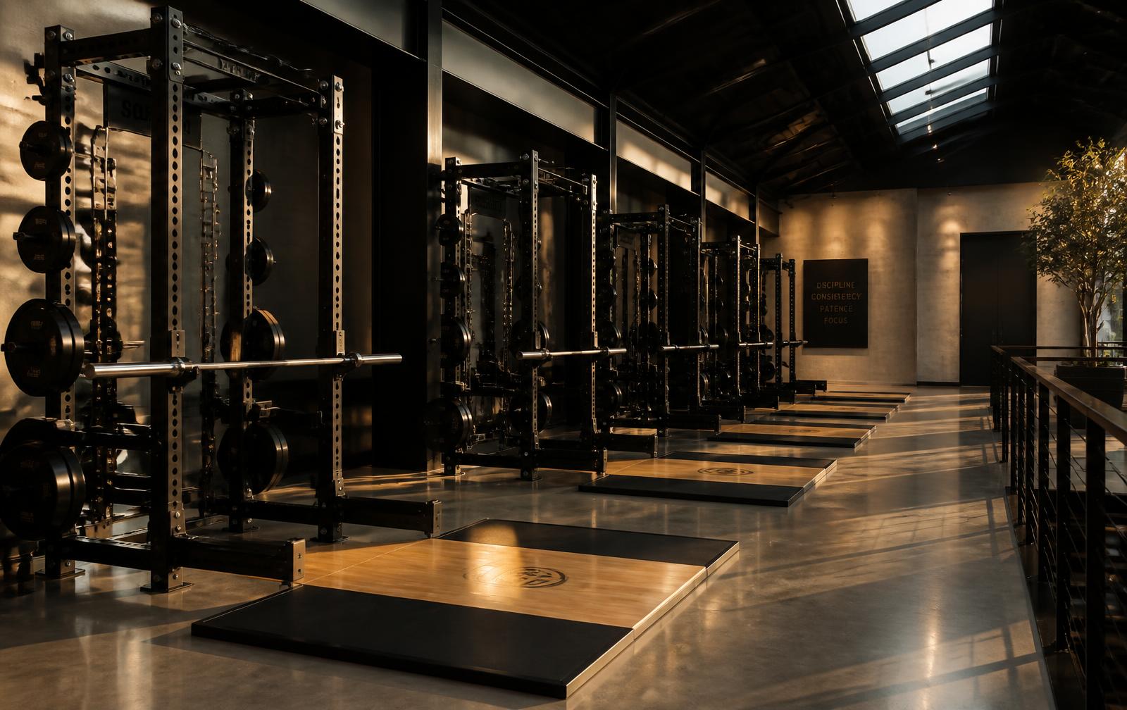 Row of blackened steel racks and oak lifting platforms on the Ironhall floor