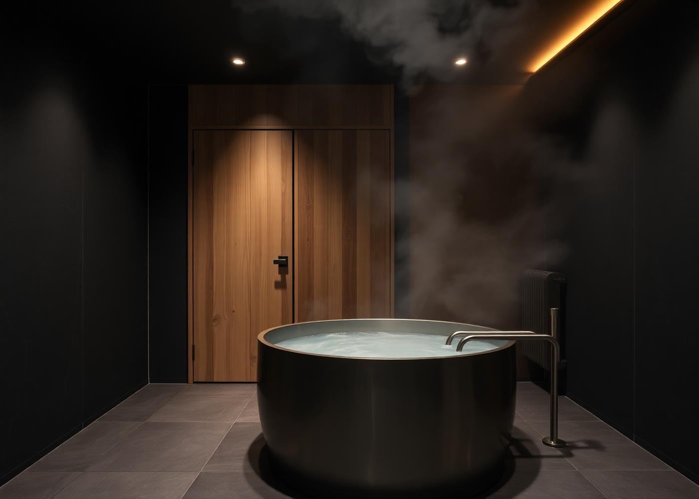 Steam rising from the cold plunge in the Ironhall recovery suite